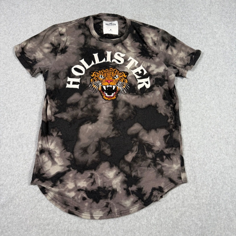 Hollister Mens Retro Y2K Tie Dye Leopard Graphic T-Shirt Black Grunge Size M